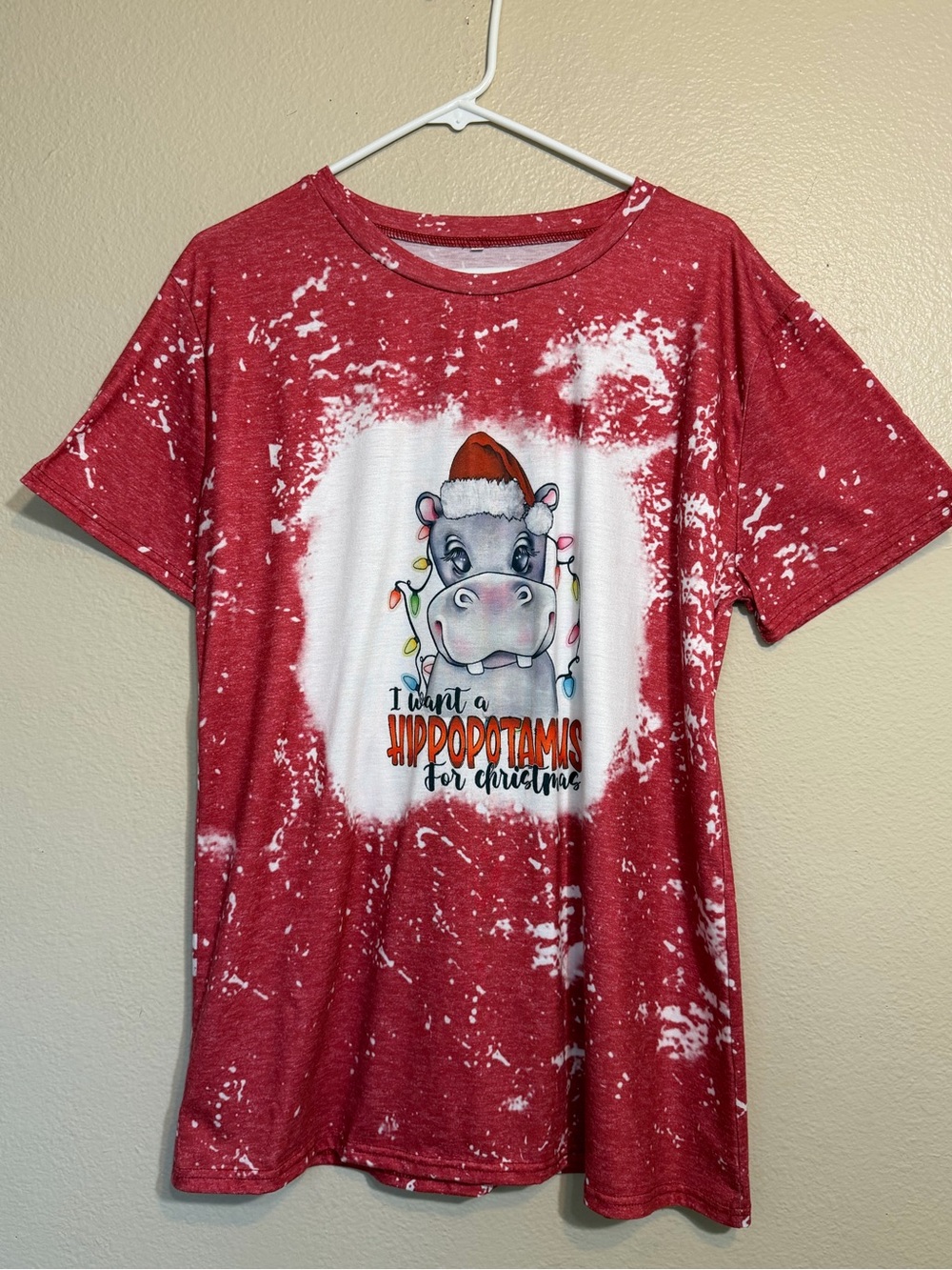 Womens Red I Want A Hippo For Christmas Holiday Short Sleeve T-shirt Size XXL